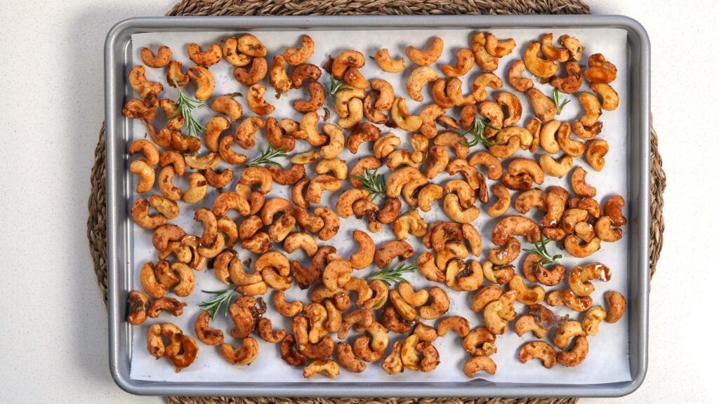 Roasted cashews on a tray