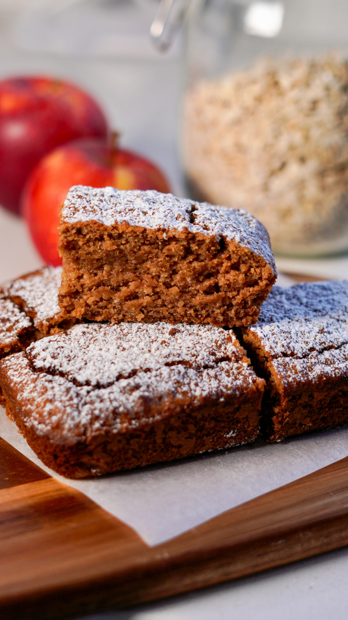 Close up of a apple cake slices on chopping board