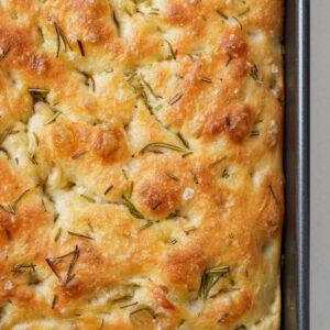 Freshly baked easy focaccia with rosemary and flaky salt